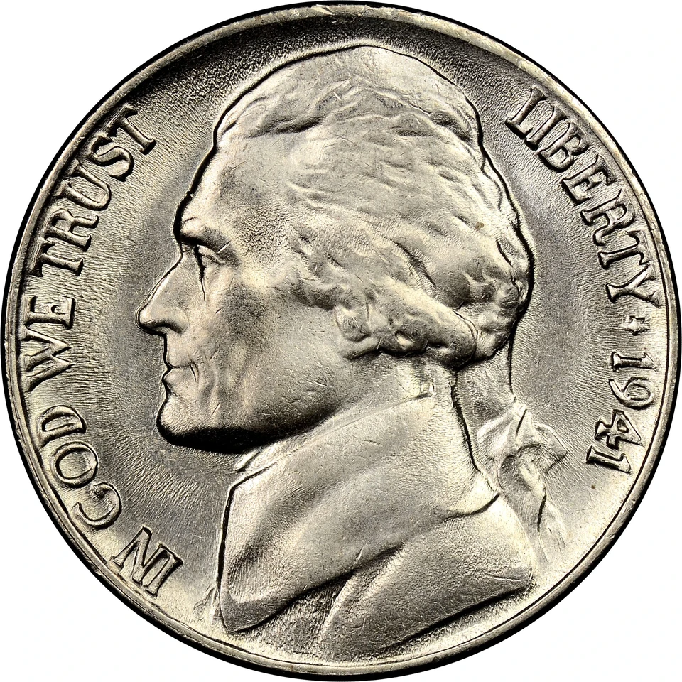 1941 Philadelphia Jefferson nickel obverse; Jefferson’s portrait: inspect the hair and high points for wear.