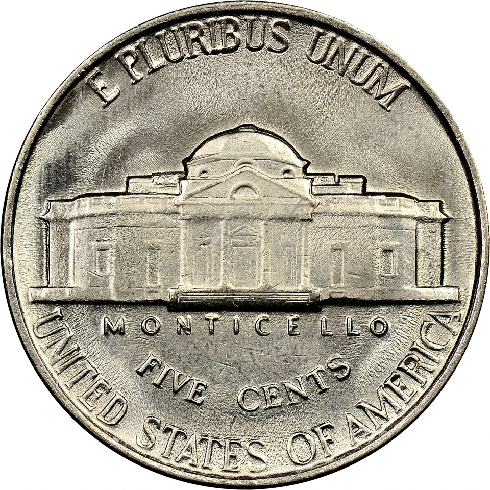 1941 Philadelphia Jefferson nickel reverse; Philadelphia: no mint mark in the red box.