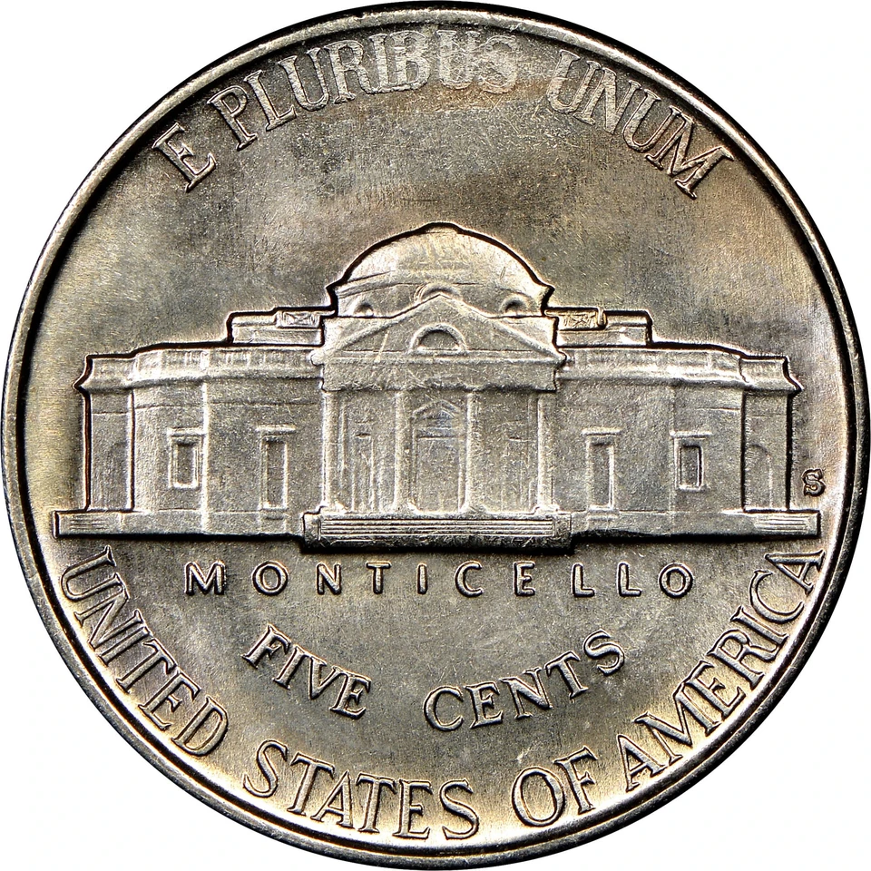1941 San Francisco Jefferson nickel reverse; San Francisco: S mint mark in the red box.