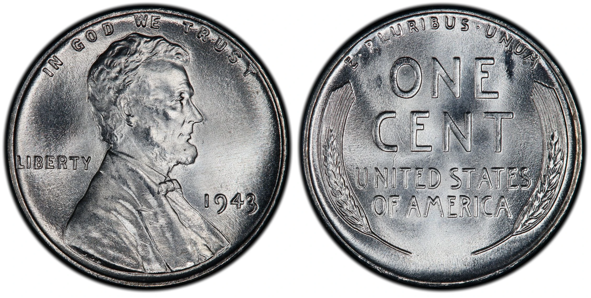 1943 Philadelphia steel Lincoln cent, full obverse and wheat reverse