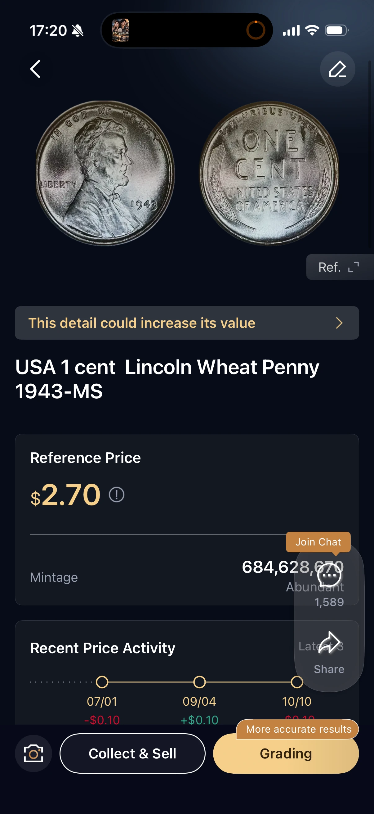 Identification result showing 1943-MS, a $2.70 reference price and mintage 684,628,670