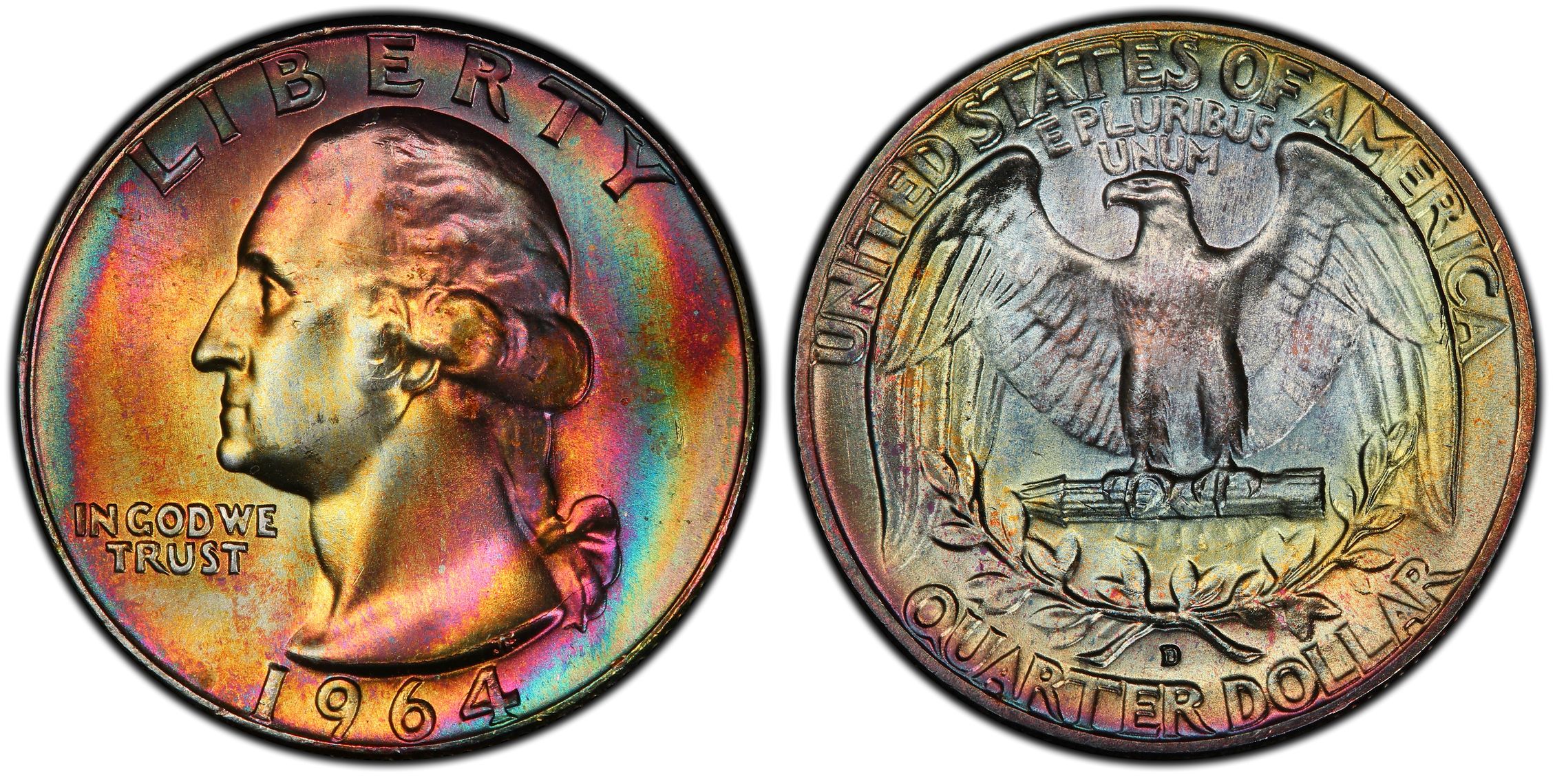 1964-D Washington silver quarter with the D visible below the reverse wreath