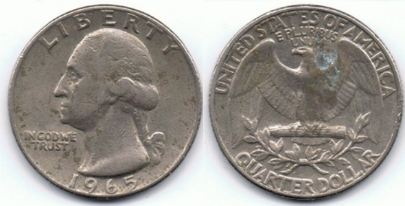 A real 1965 Washington quarter: Washington portrait and date on the left, eagle and QUARTER DOLLAR on the right