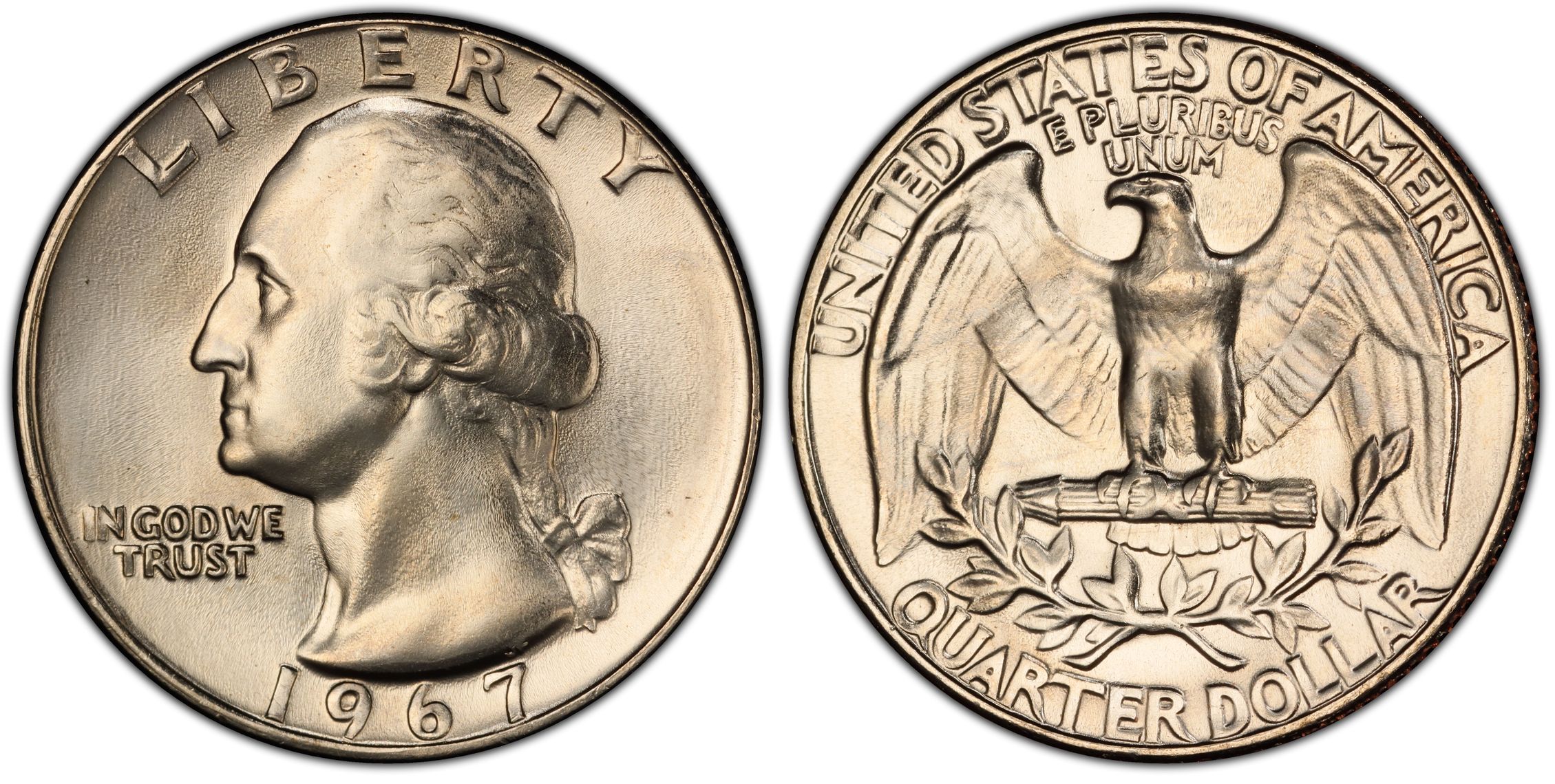 1967 Washington quarter regular strike, obverse and reverse, certified MS68 specimen