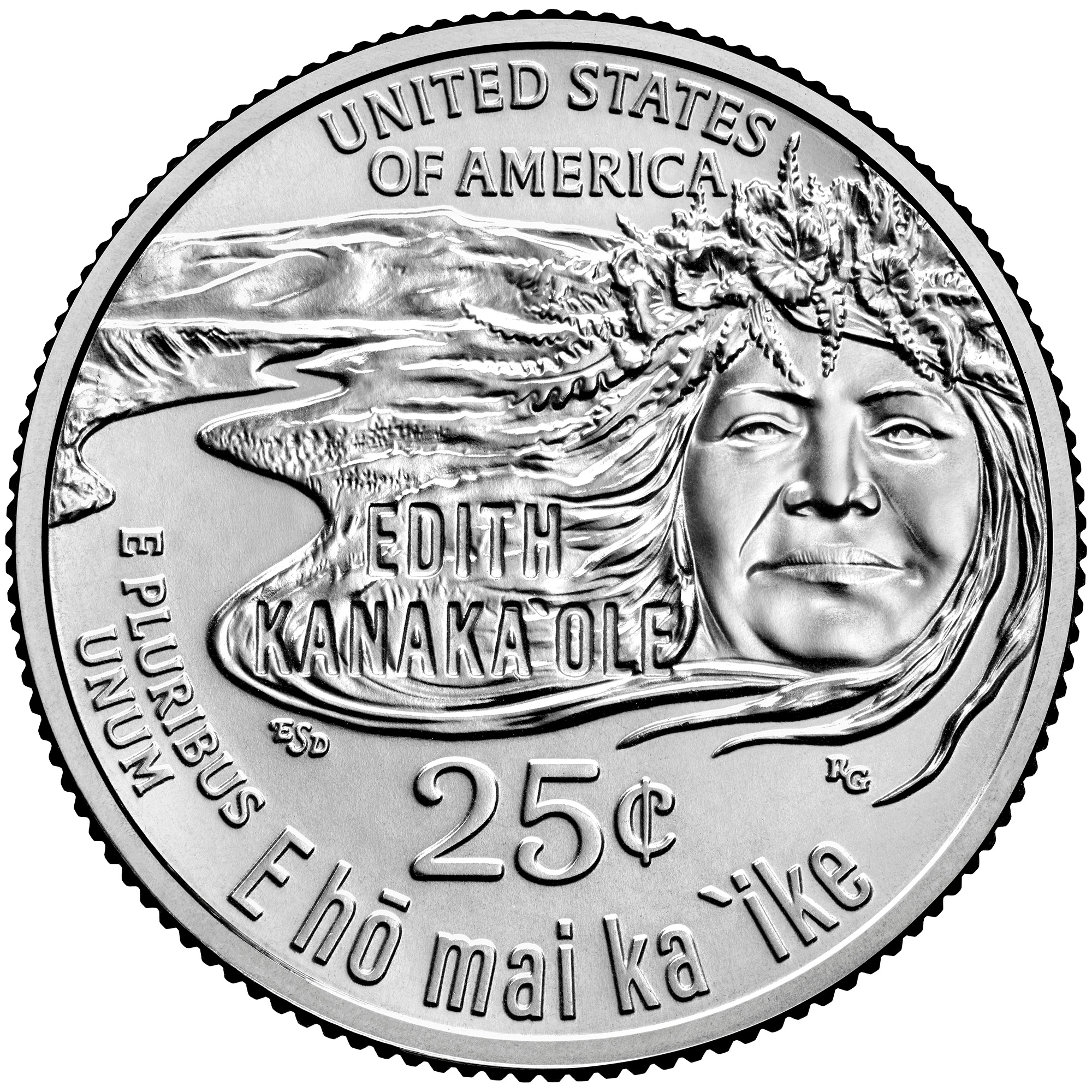 2023 Edith Kanakaʻole quarter reverse: Kanakaʻole’s portrait and head lei merge with a sweeping Hawaiian landscape.