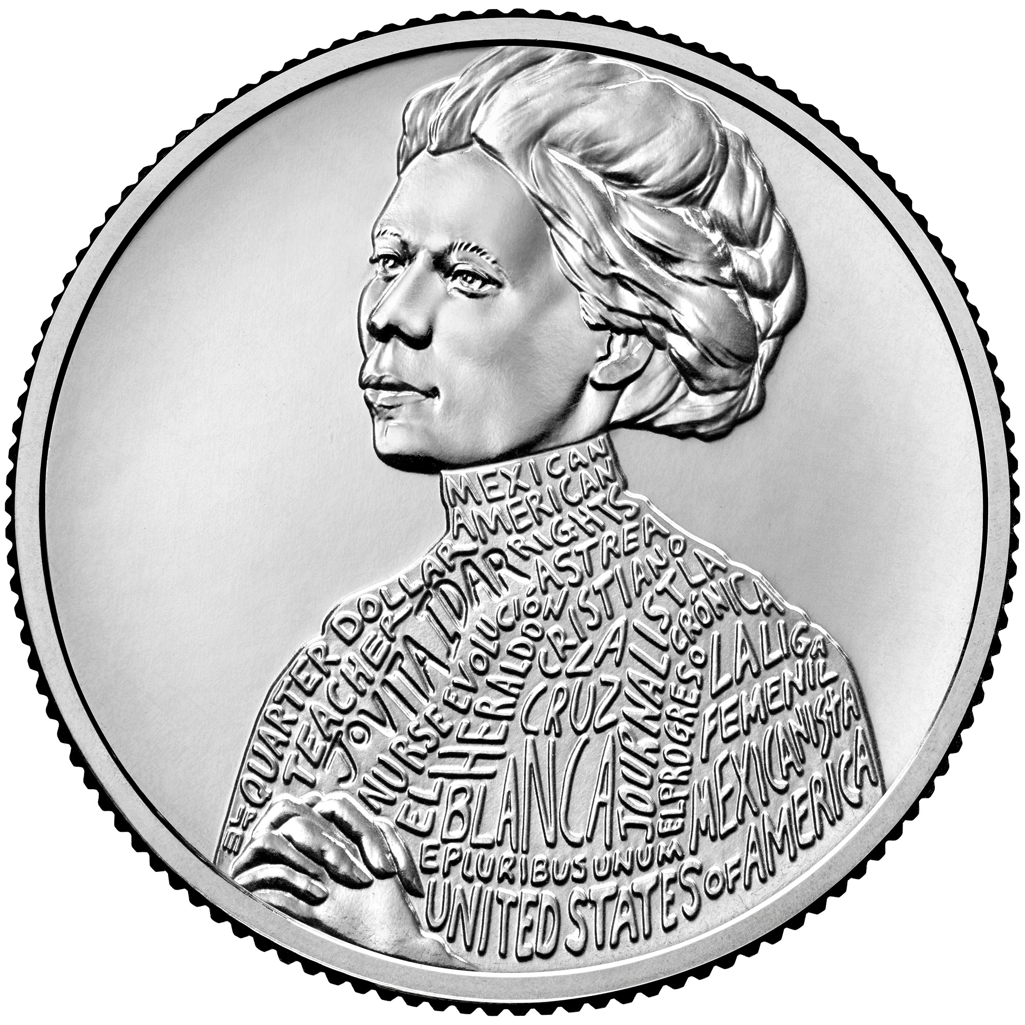2023 Jovita Idar quarter reverse: Idar stands with clasped hands; words and names fill the outline of her clothing.