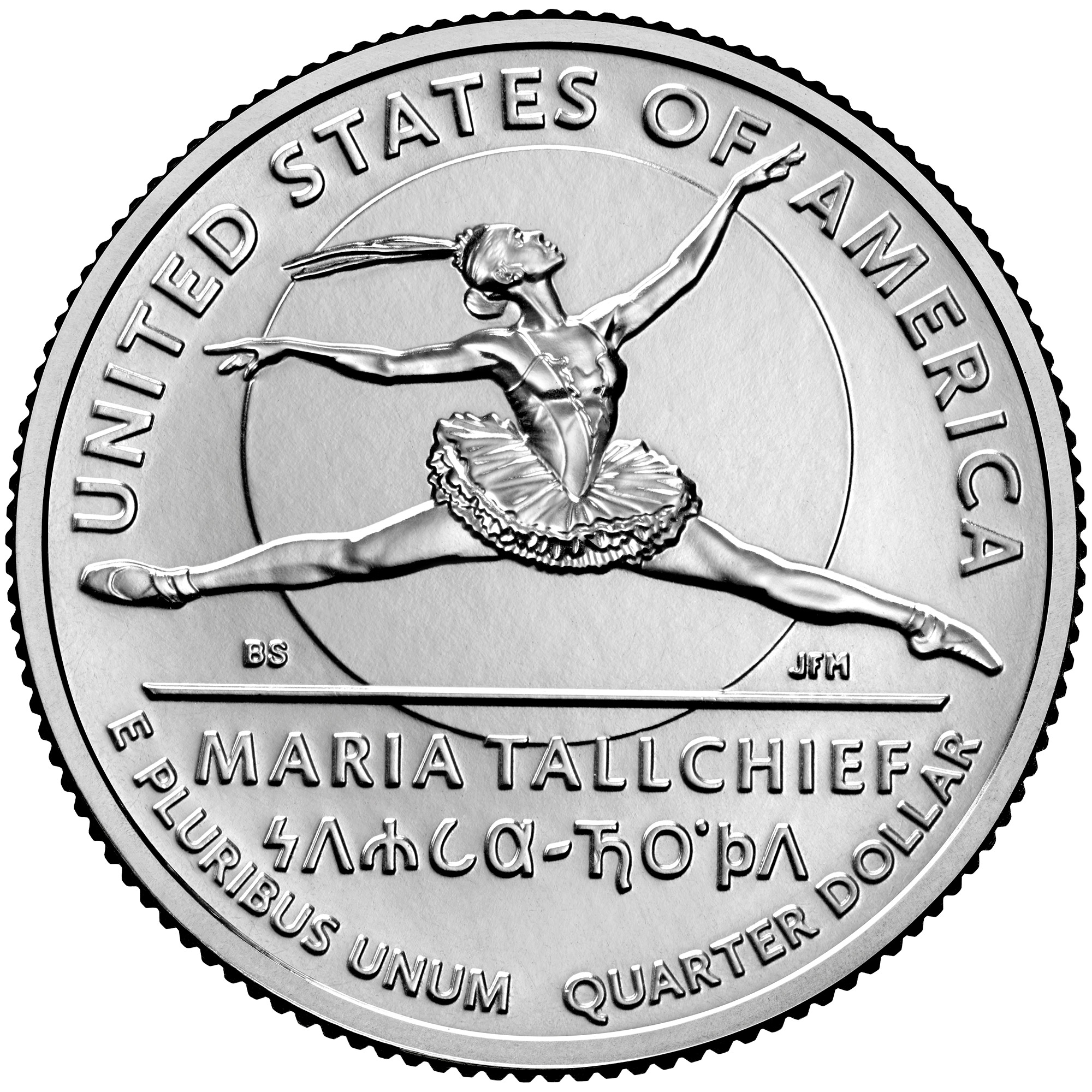 2023 Maria Tallchief quarter reverse: Tallchief is shown in a balletic leap against a circular spotlight motif.