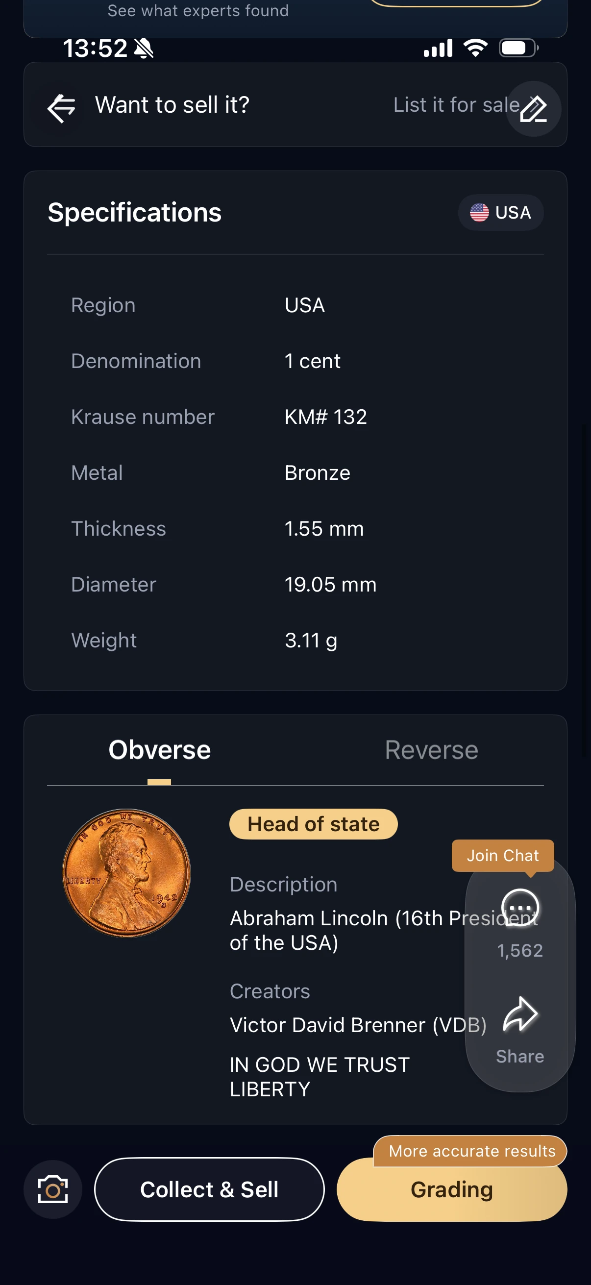 HeriBase specifications for the test cent, including bronze, 19.05 mm diameter and 3.11 g weight.
