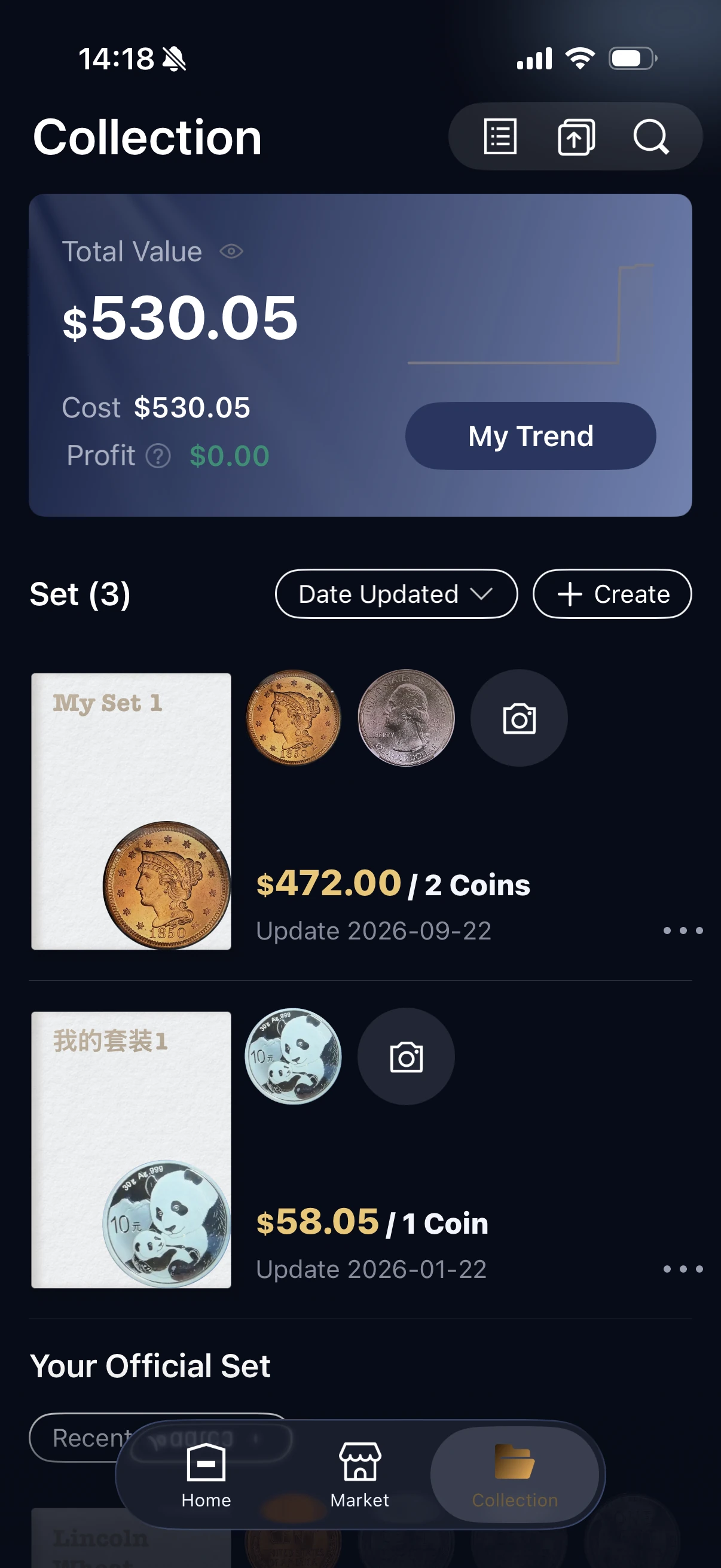 HeriBase Collection overview showing personal sets and the Create button.