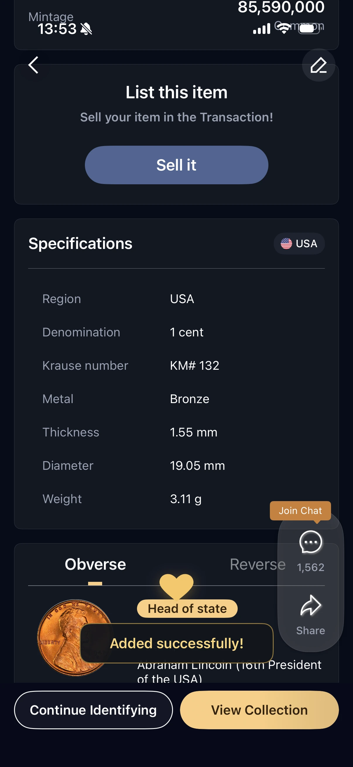 HeriBase Added successfully message and View Collection button.