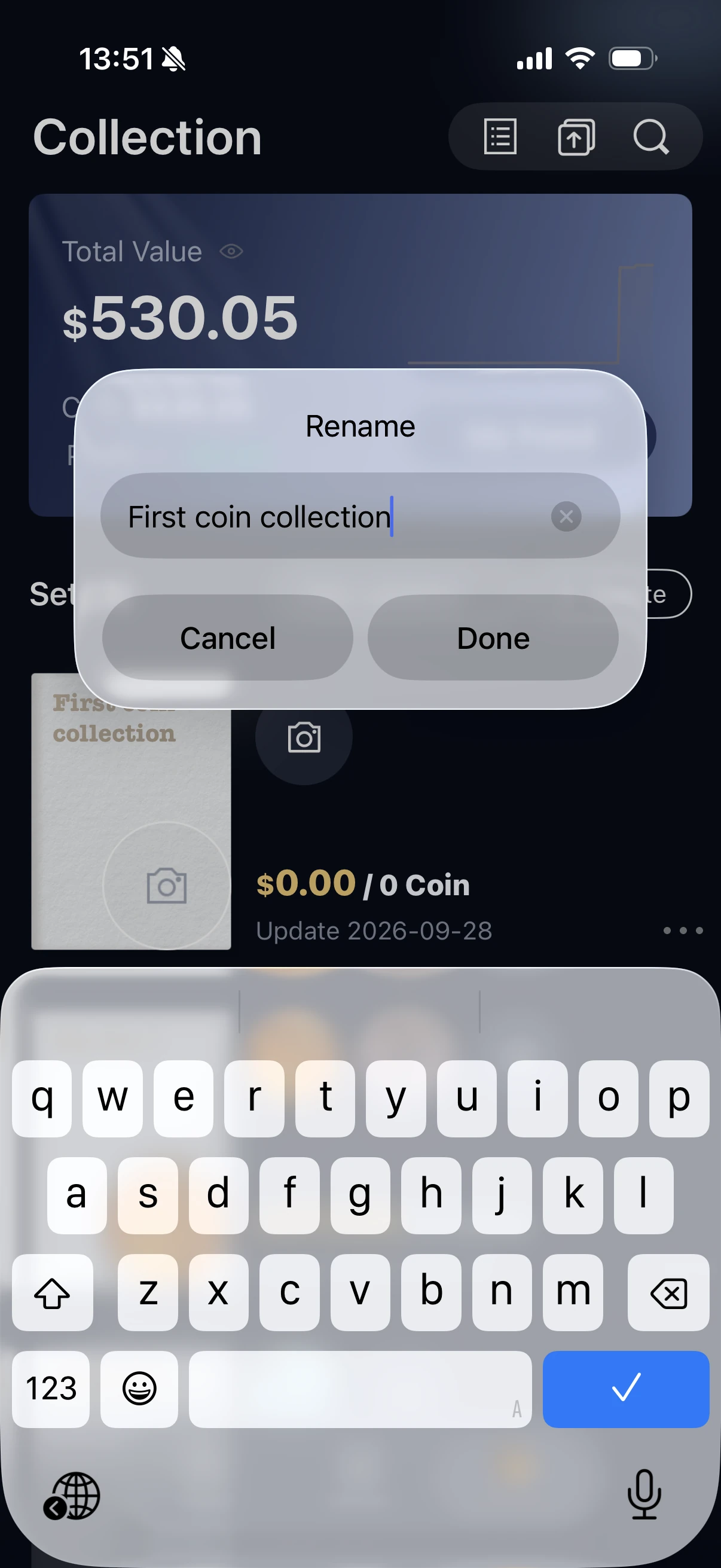 HeriBase Rename dialog naming an empty personal set First coin collection.