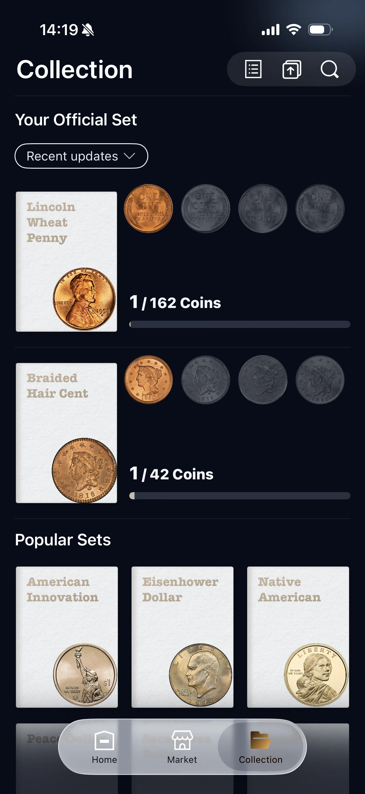 HeriBase official set list showing Lincoln Wheat Penny at 1 of 162 coins.