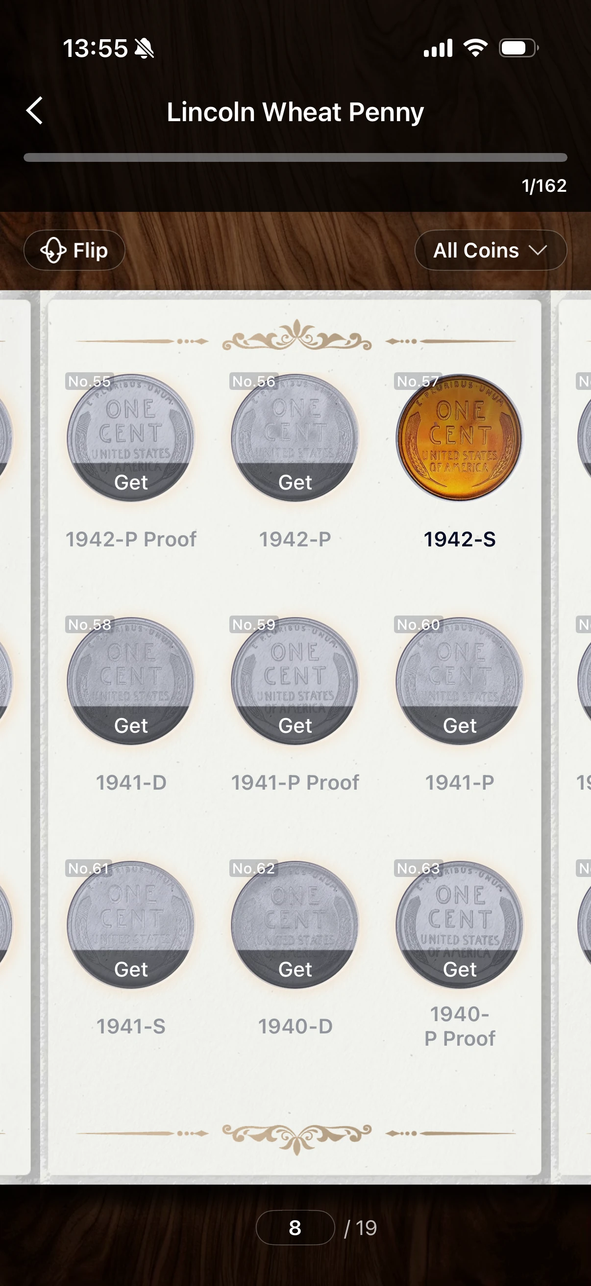 Lincoln Wheat Penny official album at 1 of 162 with the 1942-S slot filled in color.