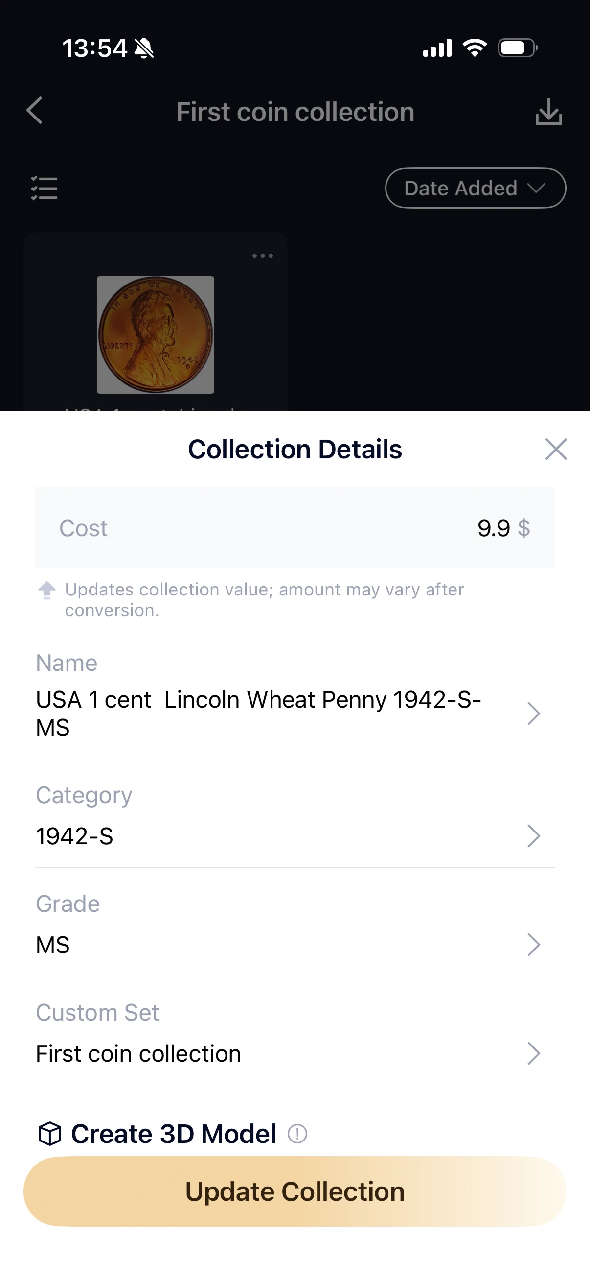 Reopened Collection Details showing 1942-S, MS, First coin collection and Cost 9.9 dollars.