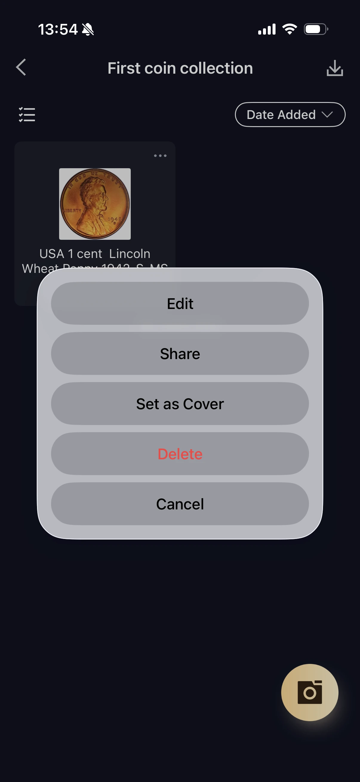 Saved 1942-S coin in First coin collection with Edit, Share, Set as Cover and Delete menu.