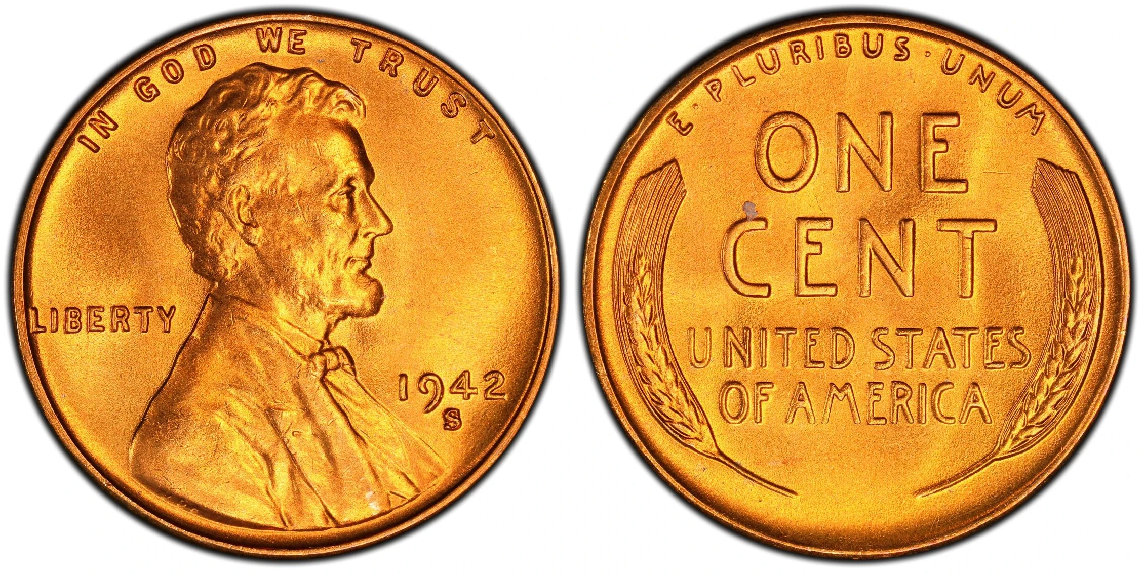 Obverse and reverse of the test coin, showing the 1942 date, S mint mark and wheat ears.