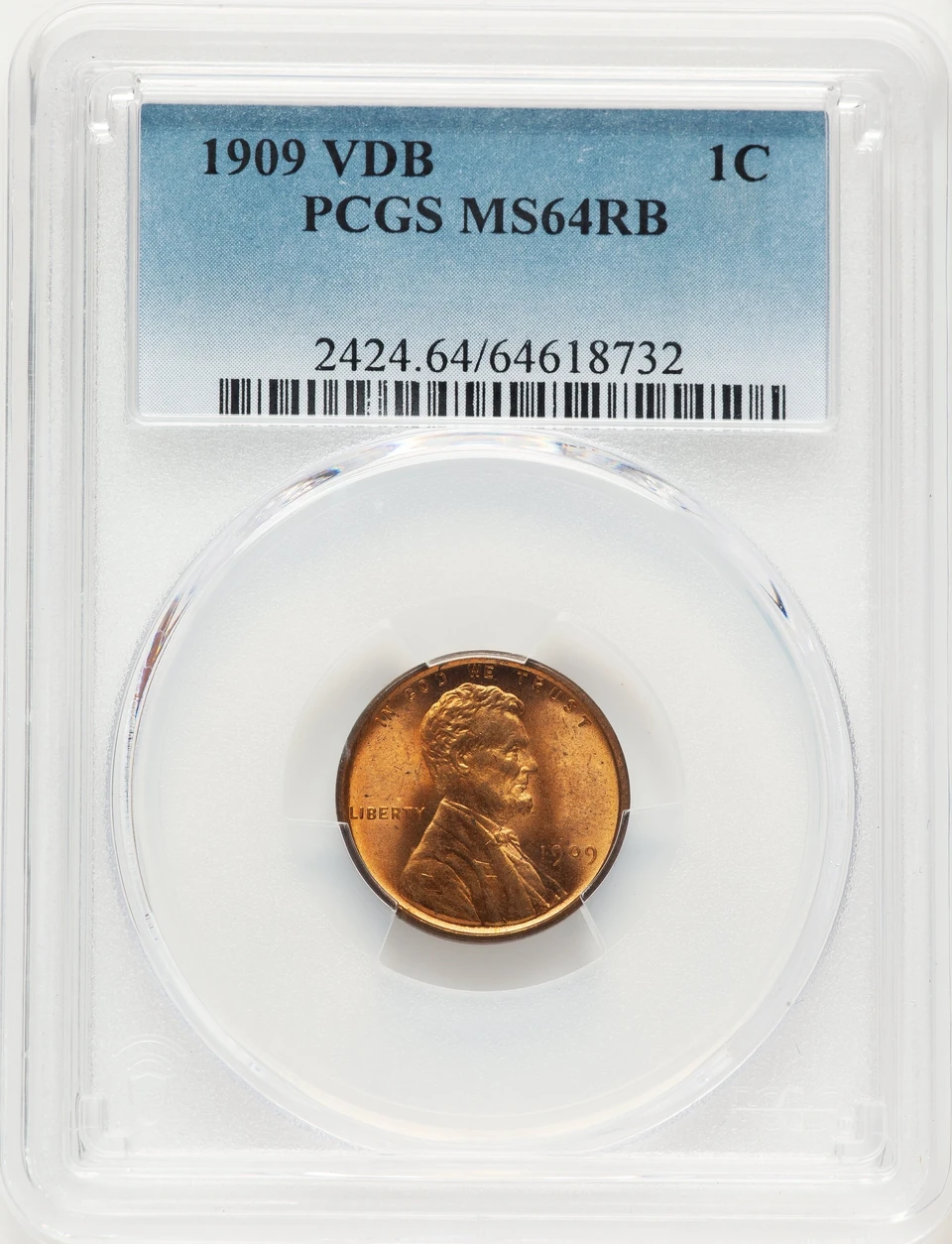 PCGS MS64RB obverse and holder where shown