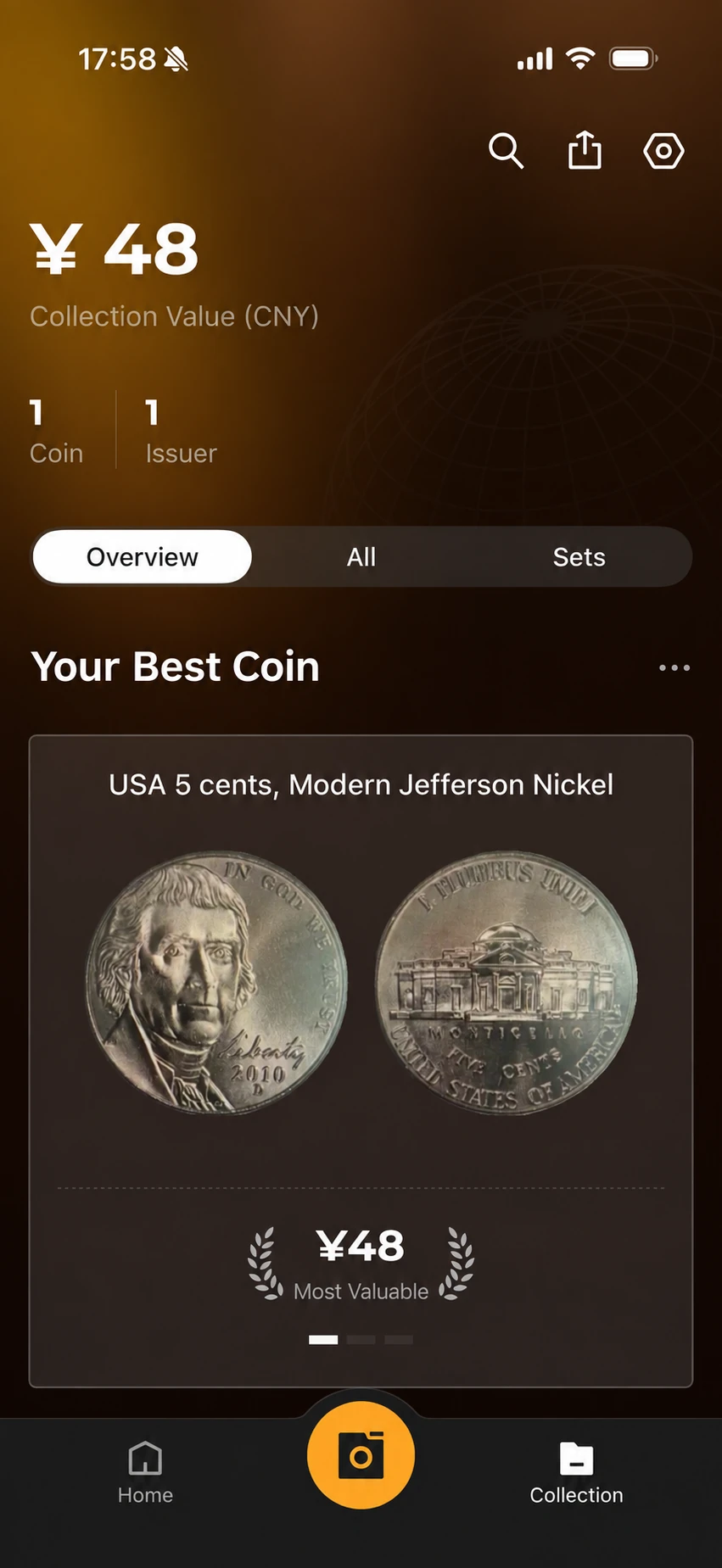 CoinSnap collection overview showing CNY 48, one coin, one issuer, Overview, All and Sets tabs, and search and share icons