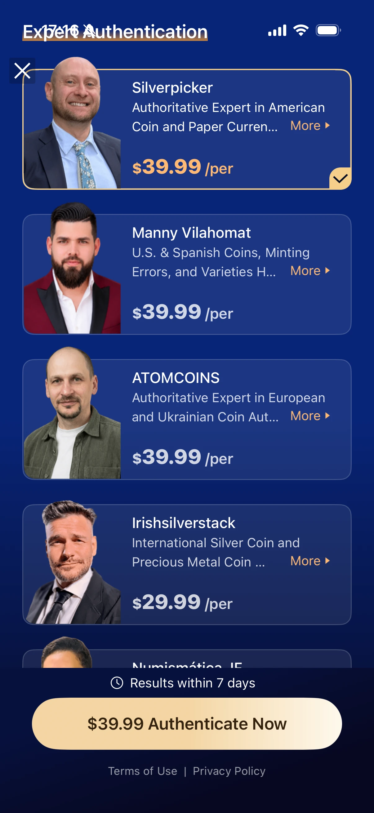 HeriBase expert selection profiles with individual appraisal fees