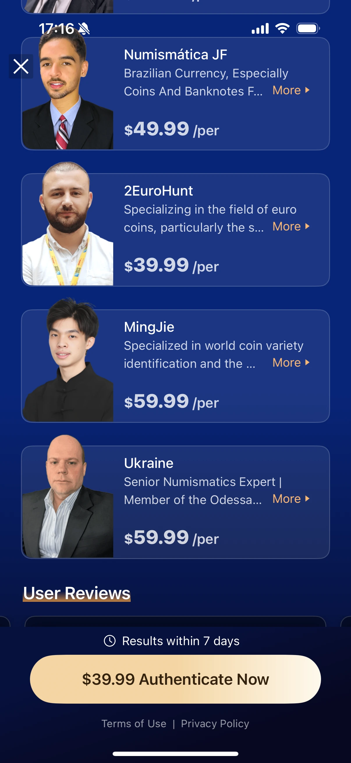 HeriBase expert selection profiles with individual appraisal fees