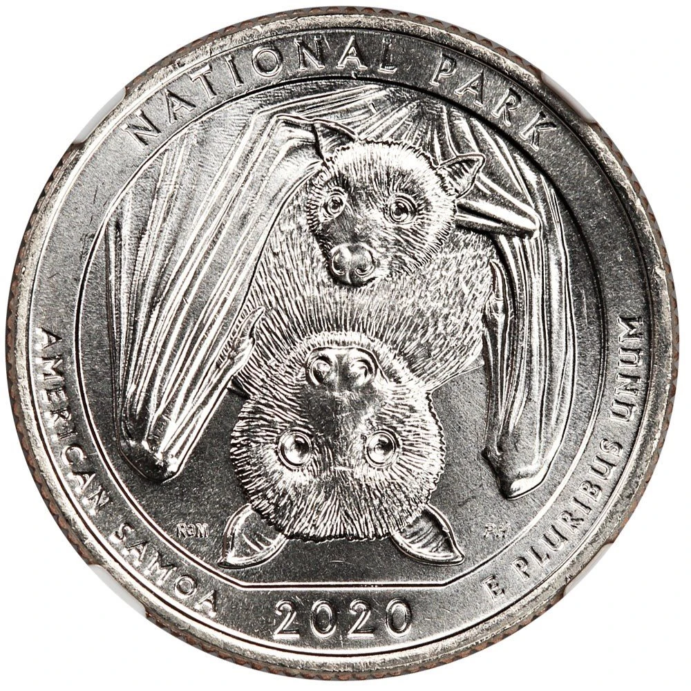 Reverse of the same quarter with fruit bats, AMERICAN SAMOA, NATIONAL PARK and the year 2020.