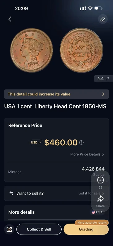 HeriBase identification result for the 1850 Braided Hair large cent
