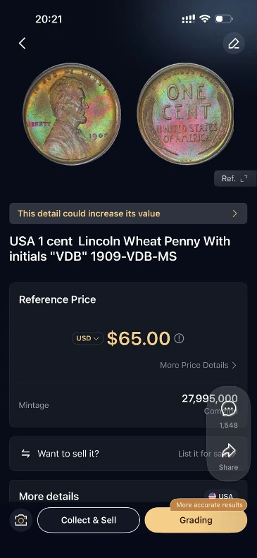 HeriBase identification result for the 1909 VDB Lincoln cent
