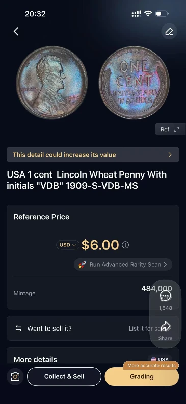 HeriBase identification result for the 1909-S VDB Lincoln cent