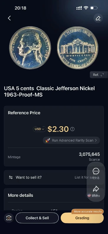 HeriBase identification result for the 1963 Jefferson nickel (Proof)