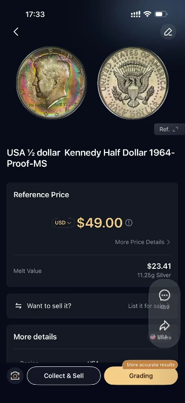 HeriBase identification result for the 1964 Kennedy half dollar