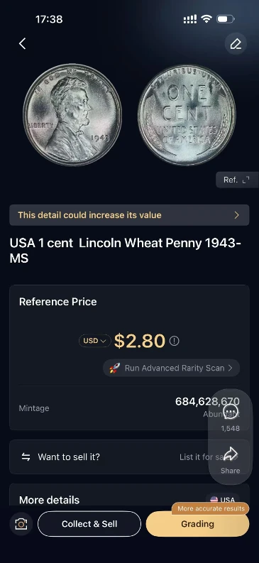 HeriBase identification result for the 1943 Lincoln steel cent