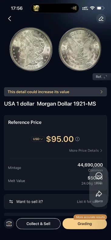 HeriBase identification result for the 1921 Morgan dollar