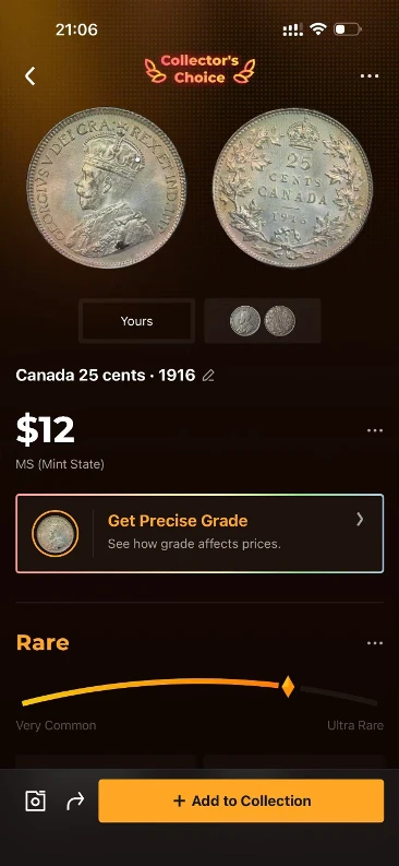 CoinSnap identification result for the 1916 Canadian quarter