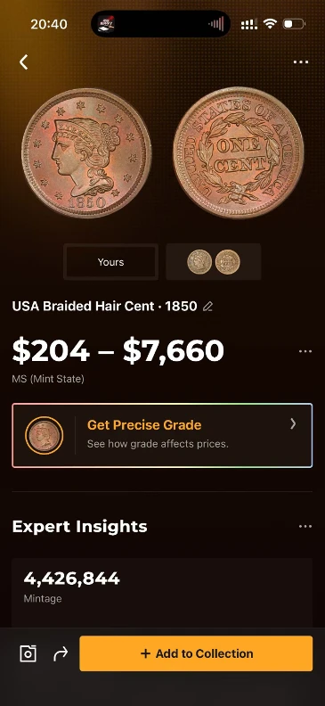 CoinSnap identification result for the 1850 Braided Hair large cent