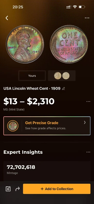 CoinSnap identification result for the 1909 VDB Lincoln cent