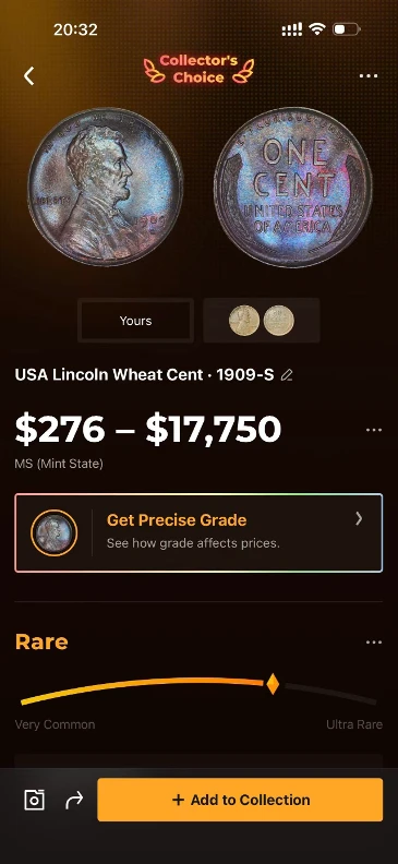 CoinSnap identification result for the 1909-S VDB Lincoln cent