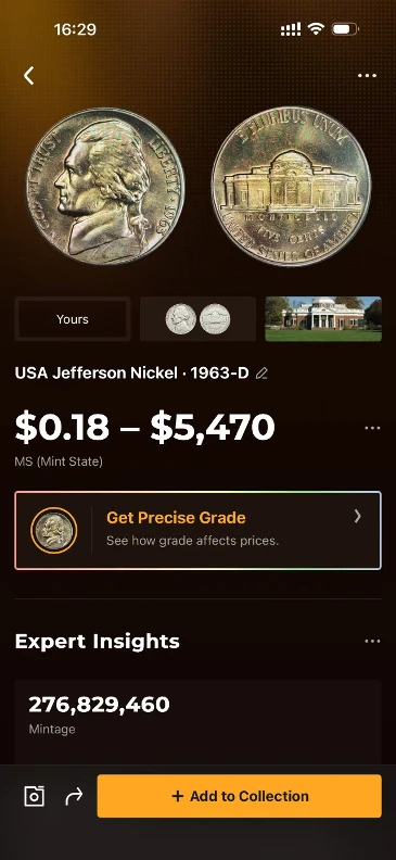 CoinSnap identification result for the 1963-D Jefferson nickel