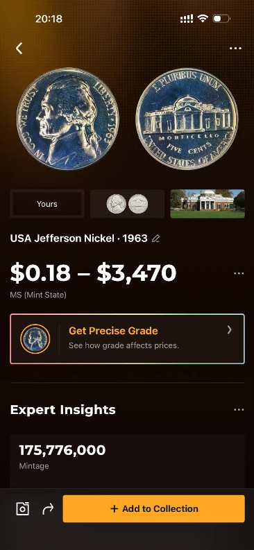 CoinSnap identification result for the 1963 Jefferson nickel (Proof)