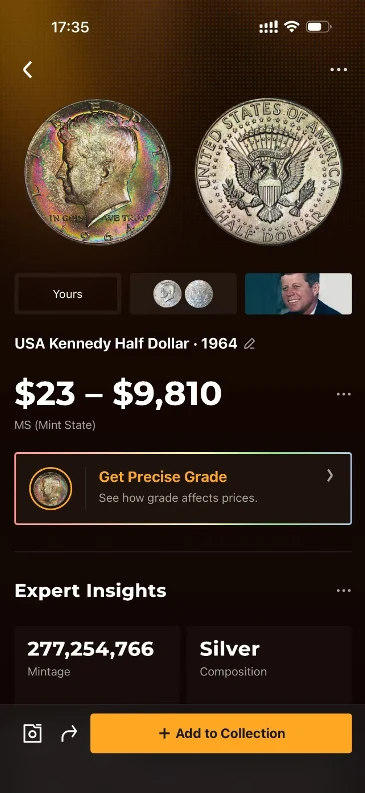CoinSnap identification result for the 1964 Kennedy half dollar