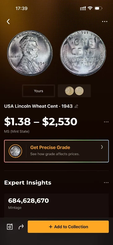 CoinSnap identification result for the 1943 Lincoln steel cent