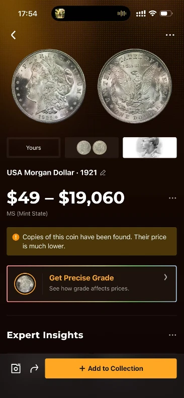 CoinSnap identification result for the 1921 Morgan dollar