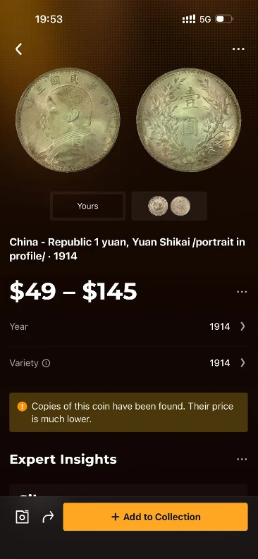 CoinSnap identification result for the 1914 (Year 3) Yuan Shih-kai dollar