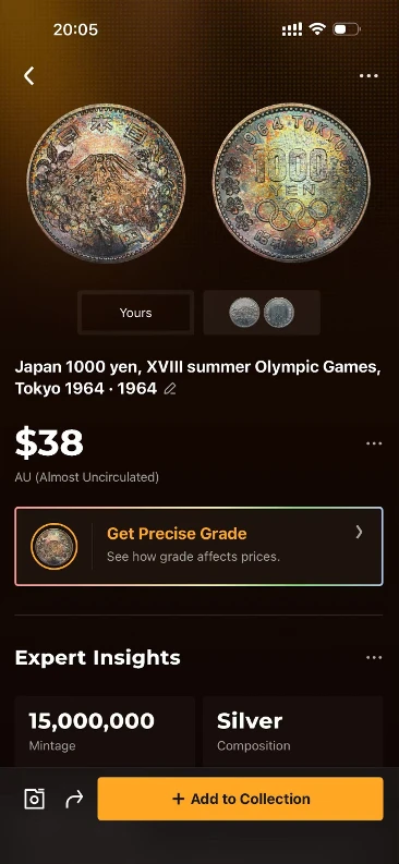 CoinSnap identification result for the 1964 Tokyo Olympics 1,000 yen