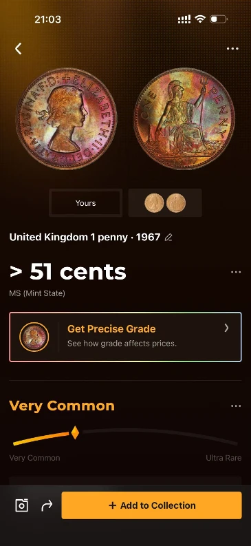 CoinSnap identification result for the 1967 British penny