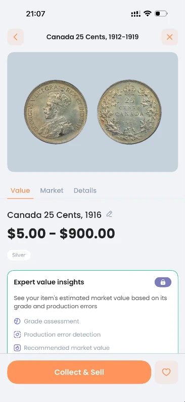 CoinIn identification result for the 1916 Canadian quarter