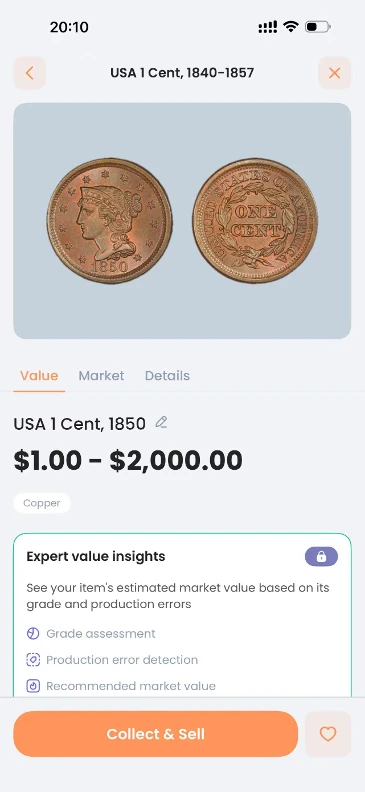 CoinIn identification result for the 1850 Braided Hair large cent