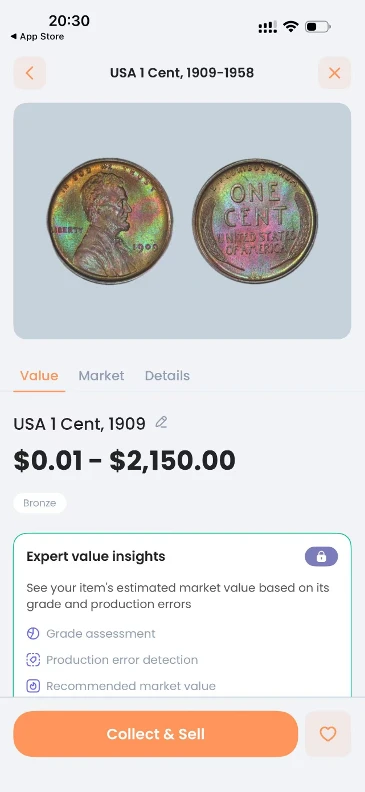 CoinIn identification result for the 1909 VDB Lincoln cent