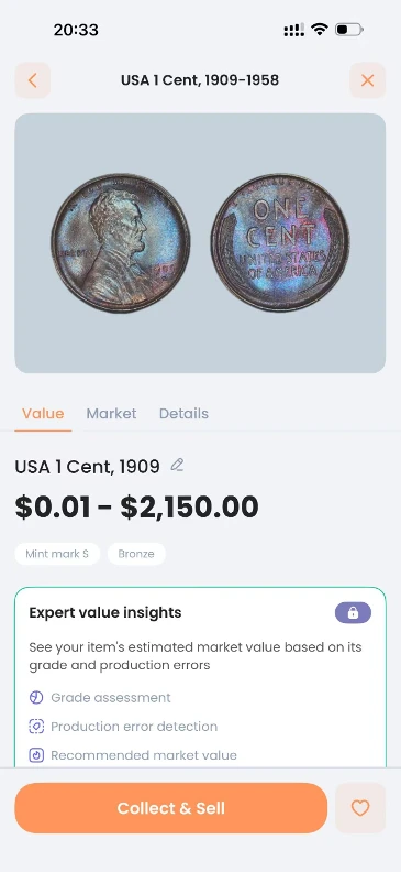 CoinIn identification result for the 1909-S VDB Lincoln cent