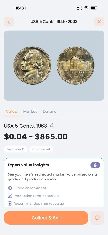 CoinIn identification result for the 1963-D Jefferson nickel