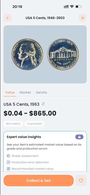 CoinIn identification result for the 1963 Jefferson nickel (Proof)